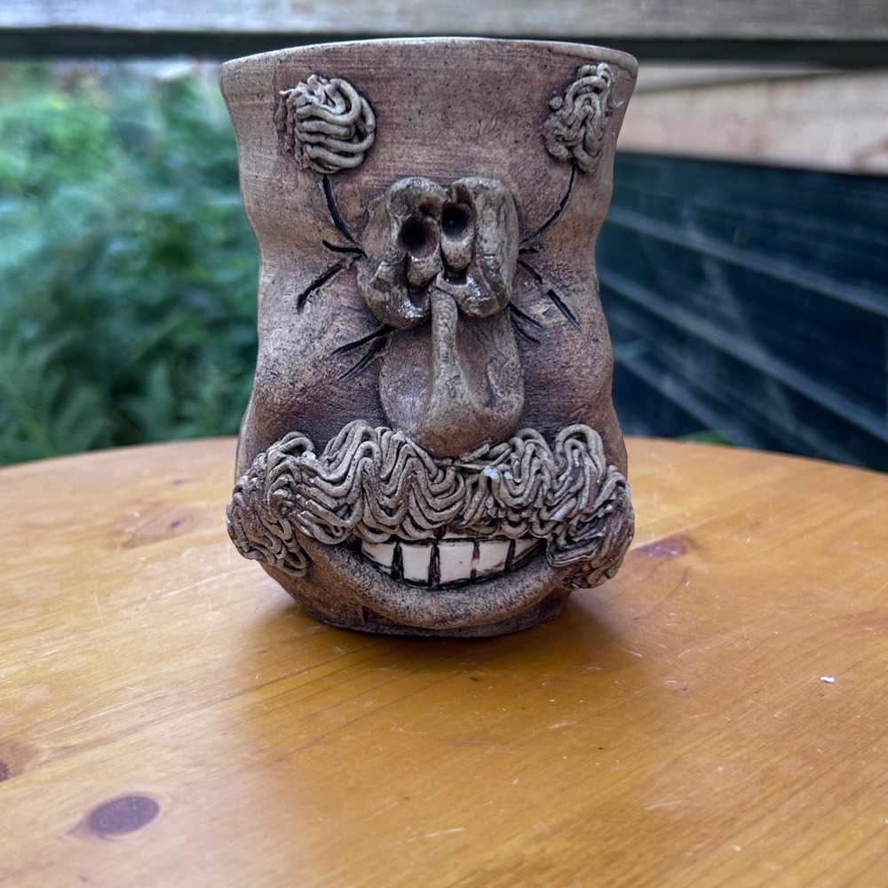 Vintage Face Mug Studio Pottery Hand Sculpted Mustache Big Teeth Brown MCM